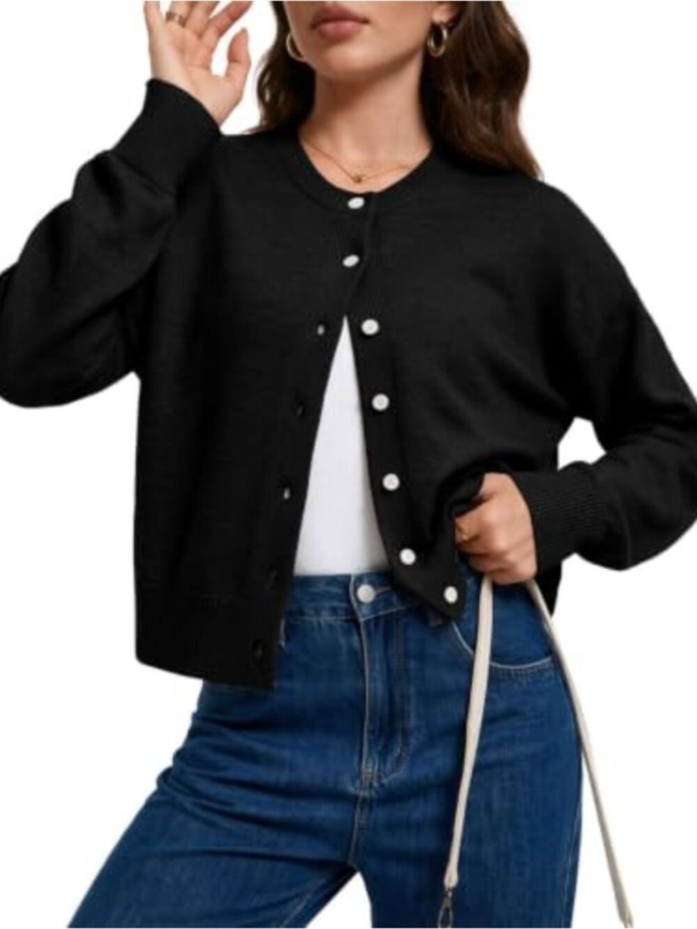 Cropped Knit Cardigan Sweater Crew Neck Button Up Lightweight